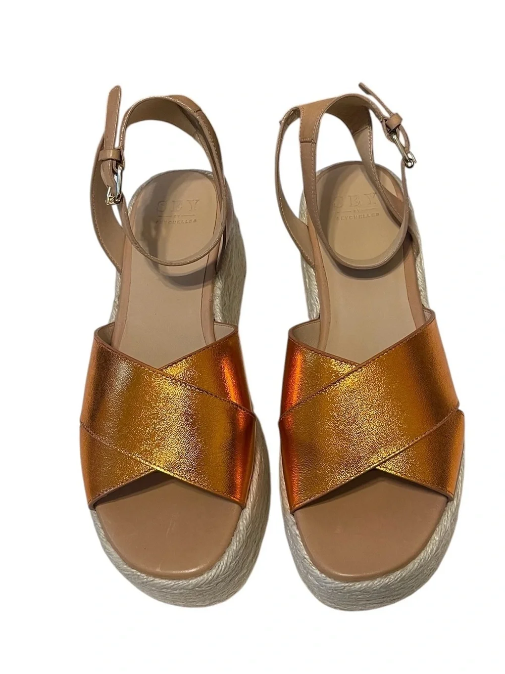 Seychelles SEY Anthropologie Metallic Orange Espadrille Wedge Sandal sz 9 NIB
